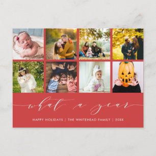 Calligraphy What a Year Berry Red Photo Collage Holiday Postcard