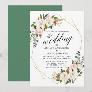 Calligraphy White Magnolias Roses Gold Wedding Invitation