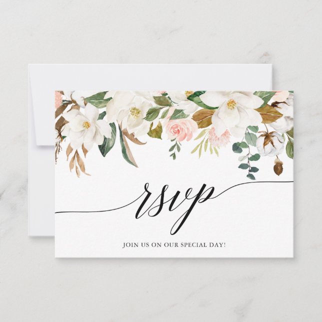 Calligraphy White Magnolias Roses Wedding RSVP Card (Front)