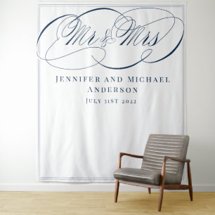 Calligraphy White Navy Mr & Mrs Wedding Backdrop Tapestry