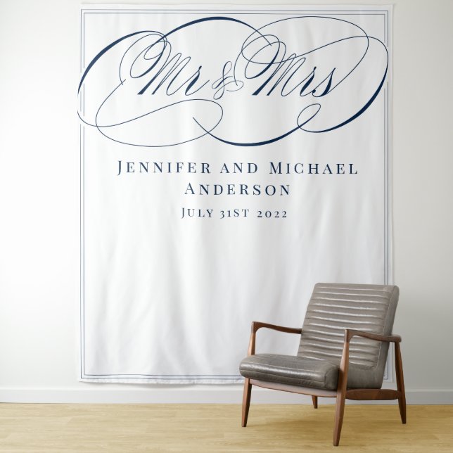 Calligraphy White Navy Mr & Mrs Wedding Backdrop Tapestry (In Situ)