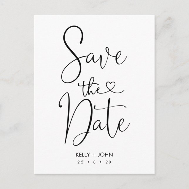 Calligraphy With Heart Save The Date Postcard (Front)