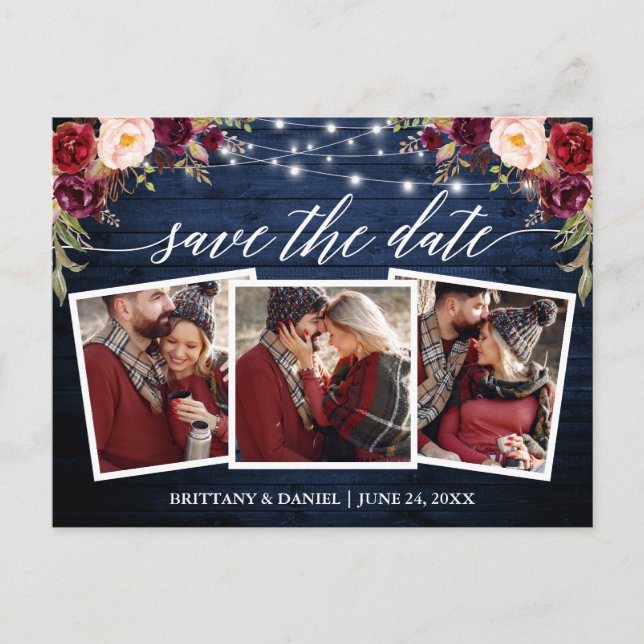 Calligraphy Wood Burgundy Floral Save The Date Postcard (Front)