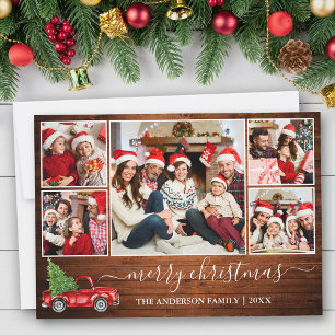Calligraphy Wood Christmas Red Truck 5 Photo Holiday Card