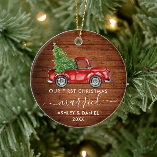 Calligraphy Wood First Christmas Married Truck  Ceramic Ornament (Tree)
