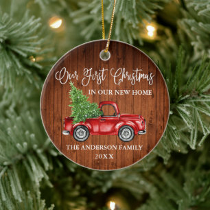 Calligraphy Wood First Christmas New Home Truck Ceramic Ornament