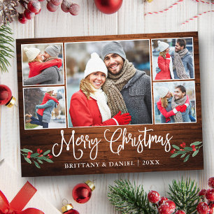 Calligraphy Wood Holly 5 Photo Couple Christmas  Postcard