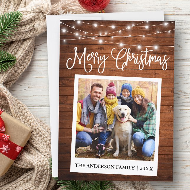 Calligraphy Wood Lights Instant Camera Photo Holiday Card (Customize to add text to back of card.)