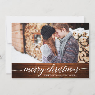 Calligraphy Wood Merry Christmas Couple Photo Holiday Card