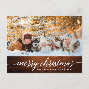 Calligraphy Wood Merry Christmas Family Photo Postcard
