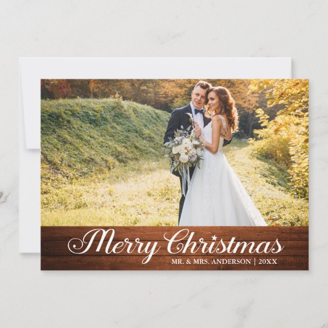 Calligraphy Wood Merry Christmas Star Photo Holiday Card (Front)
