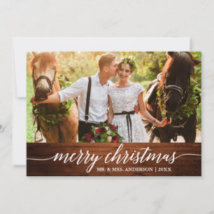 Calligraphy Wood Merry Christmas Wedding Photo Holiday Card