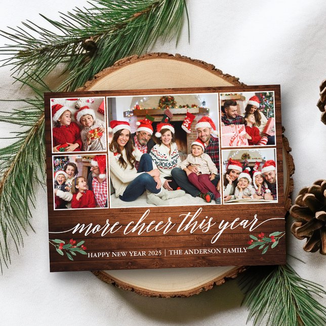 Calligraphy Wood More Cheer This Year 5 Photo Postcard (Customize to change your personalized text size or text style.)