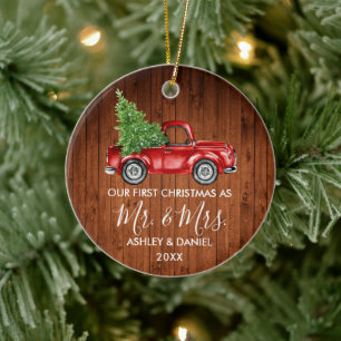 Calligraphy Wood Mr. Mrs. Christmas Red Truck  Ceramic Ornament