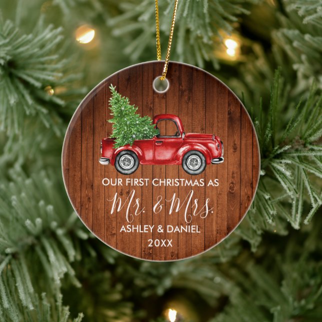 Calligraphy Wood Mr. Mrs. Christmas Red Truck  Ceramic Ornament (Tree)