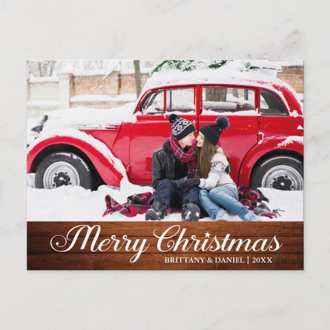 Calligraphy Wood Star Merry Christmas Photo Postcard (Front)