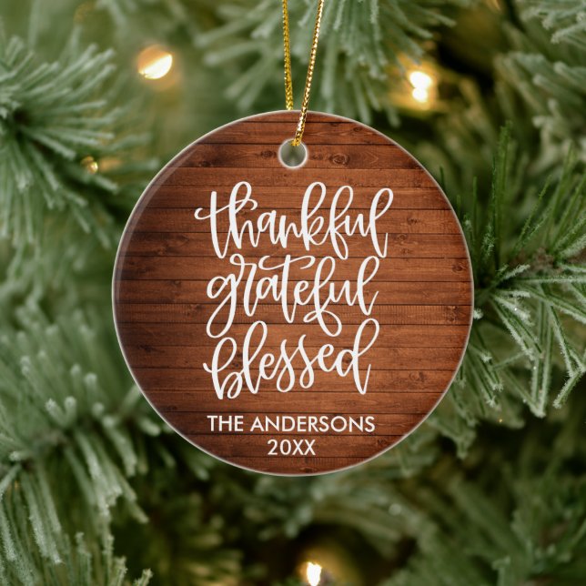 Calligraphy Wood Thankful Grateful Blessed Ceramic Ornament (Tree)