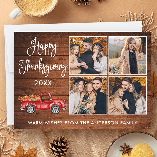 Calligraphy Wood Thanksgiving Truck 4 Photo Holiday Card (Customize to add more text or photos to back of card.)