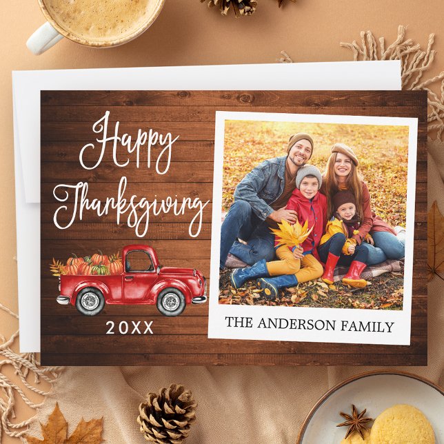 Calligraphy Wood Thanksgiving Truck Instant Photo Holiday Card (Customize to add more text or photos to back of card.)