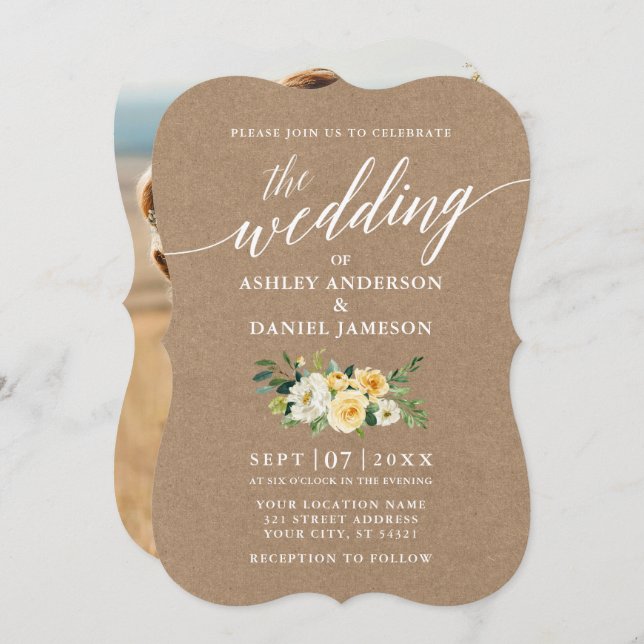 Calligraphy Yellow Floral Wedding Kraft Photo Invitation (Front/Back)