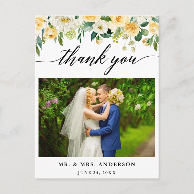 Calligraphy Yellow Floral Wedding Photo Thank You Postcard (Front)
