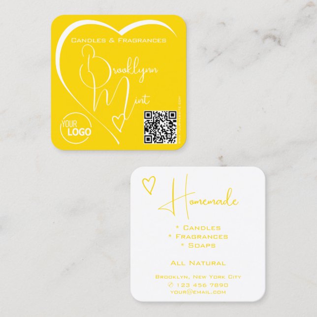 Calligraphy Yellow White Heart with Logo QR-Code Square Business Card (Front/Back)