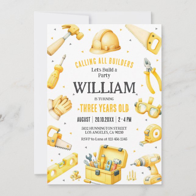 Calling All Builders Kids Boy Birthday Invitation (Front)