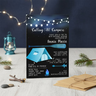 Calling All Campers Blue Birthday Invitation