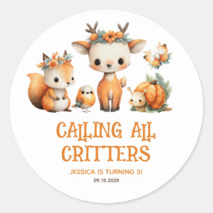 Calling All Critters Woodland Fall Kids' Birthday  Classic Round Sticker