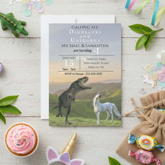 Calling all Dinosaur Unicorns Twin Party Birthday Invitation (Creator Uploaded)