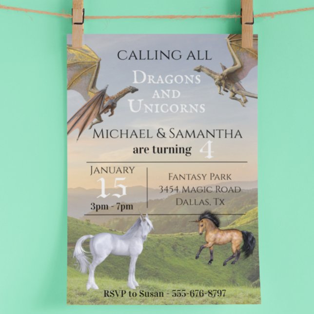 Calling all Dragons Unicorns Twin Party Birthday Invitation (Creator Uploaded)