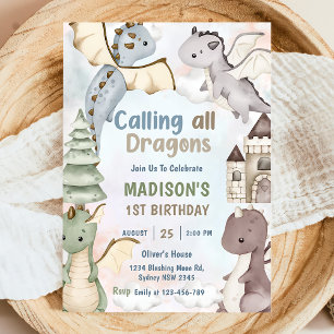 Calling All Dragons Watercolor 1st Birthday Invitation
