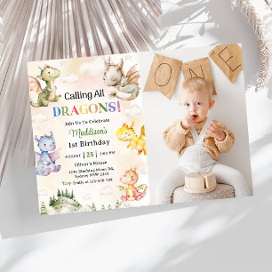Calling All Dragons Watercolor 1st Birthday Photo  Invitation