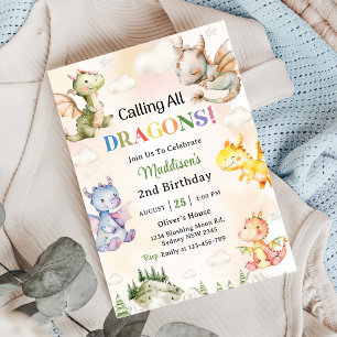 Calling All Dragons Watercolor 2nd Birthday  Invitation
