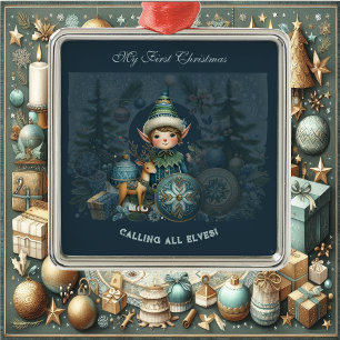 Calling All Elves Snowflakes My First Christmas  Metal Ornament