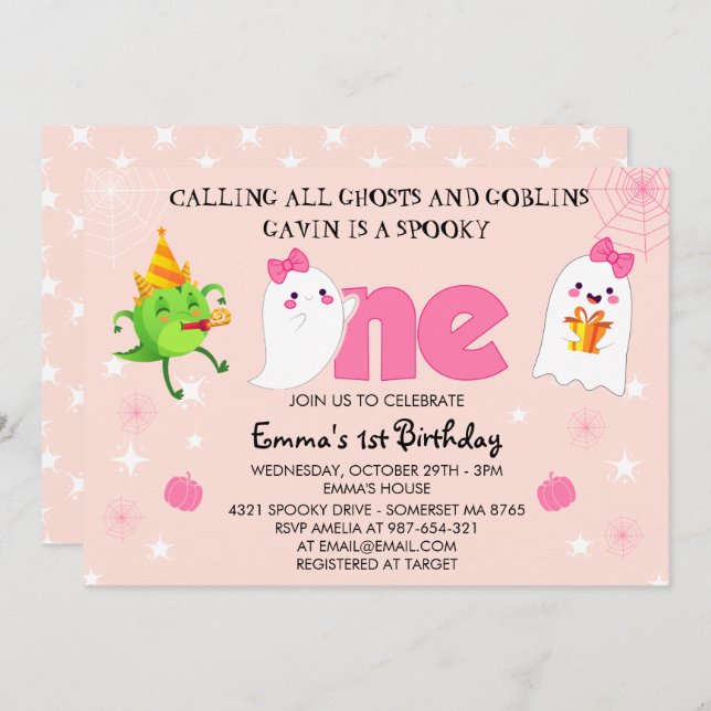 Calling All Ghosts and goblins First Birthday Pink Invitation (Front/Back)