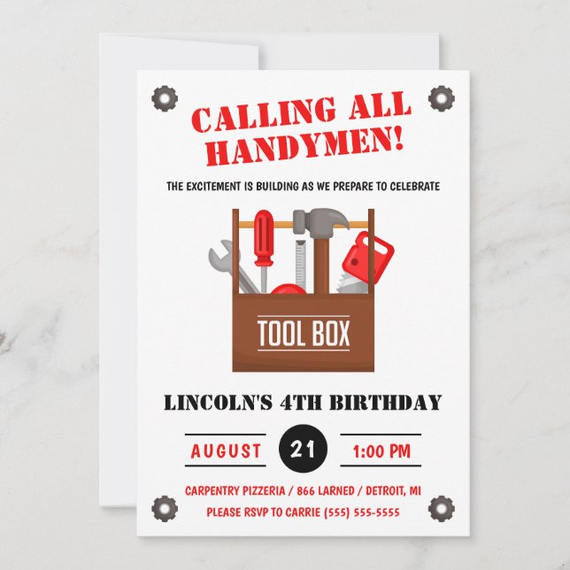 Calling all Handymen!  Construction Birthday Party Invitation (Front)