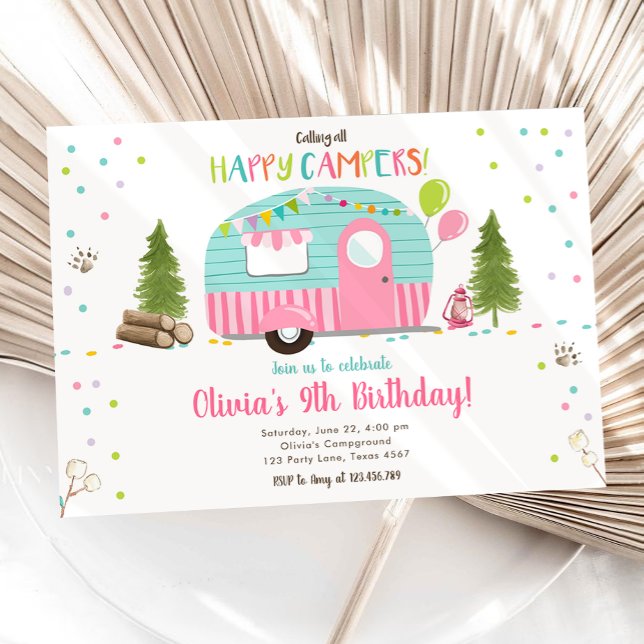 Calling All Happy Campers Camping Girl Birthday Invitation (Creator Uploaded)