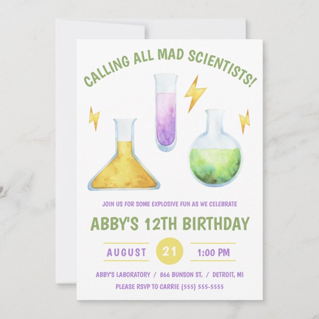 Calling all Mad Scientists! Science Birthday Party Invitation (Front)