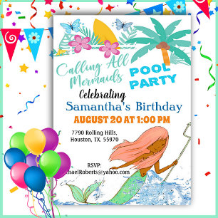 Calling All Mermaids Girl Pool Party Birthday Invi Invitation
