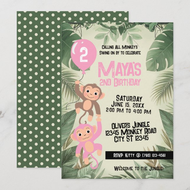 Calling All Monkeys 2nd Birthday Invitation (pink) (Front/Back)