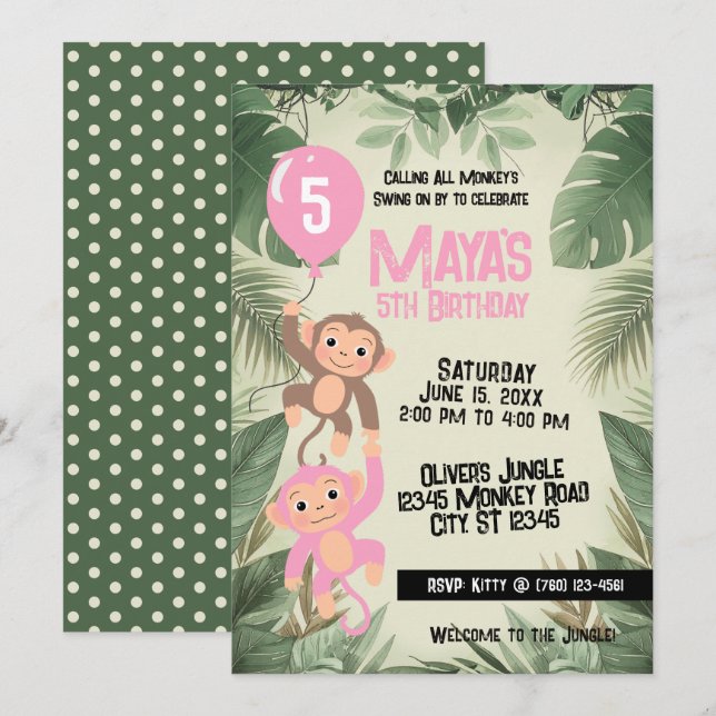 Calling All Monkeys Birthday Invitation (pink) (Front/Back)