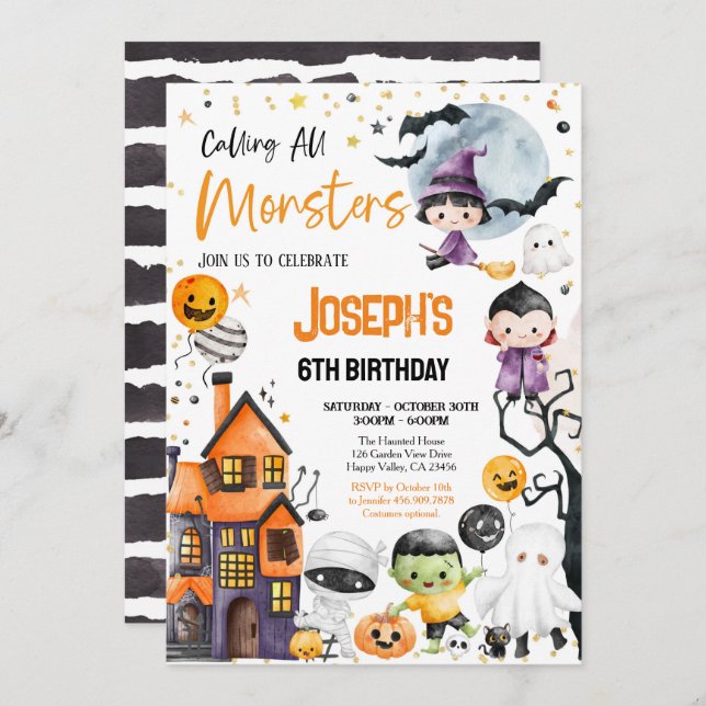 Calling All Monsters Halloween Birthday Party Cute Invitation (Front/Back)