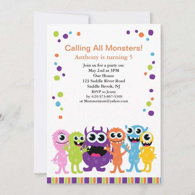 Calling All Monsters Kids Birthday Invitation (Front)