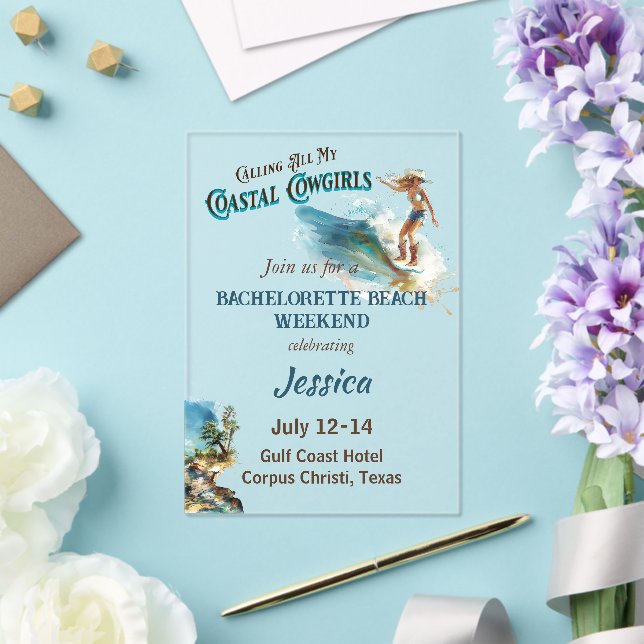 Calling All My Coastal Cowgirls Bachelorette Party Acrylic Invitations (Insitu (Wedding))