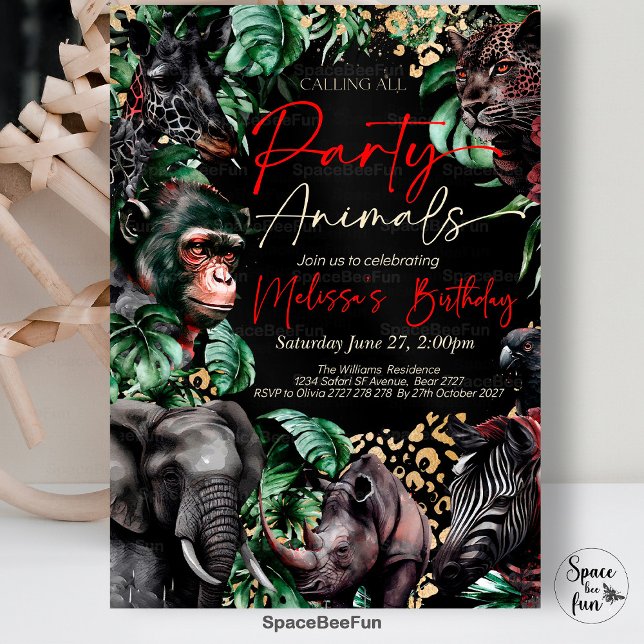 Calling All Party Animal Birthday Invitation (Calling All,Party Animal,Birthday Invitation,Leopard Print,Black Jungle,Theme Safari,Gothic Safari,P)