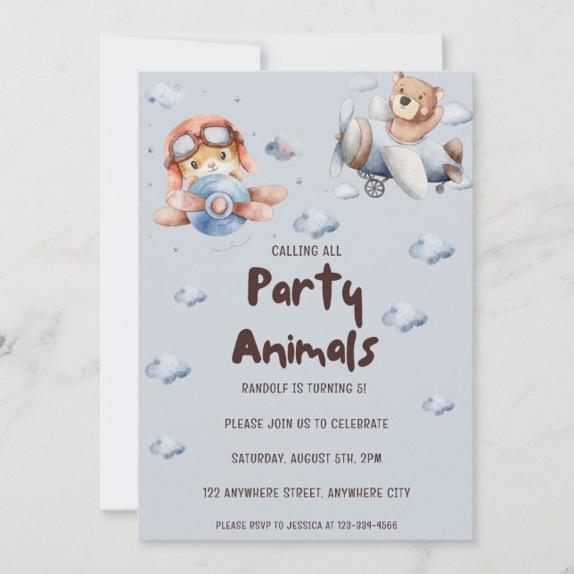 Calling All Party Animals Aeroplane Birthday Party Invitation (Front)