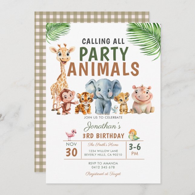 Calling All Party Animals Birthday Safari Party Invitation (Front/Back)