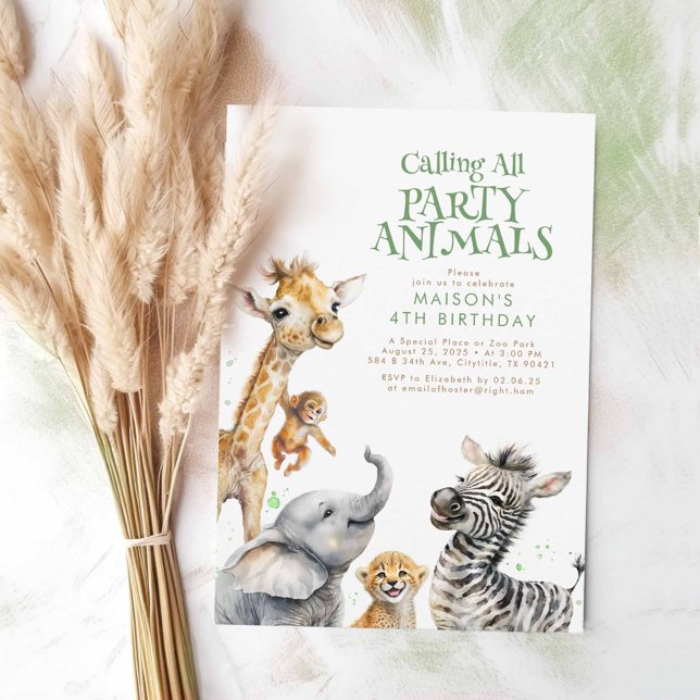 Calling All Party Animals Cute Safari Birthday Invitation (Safari Animals Cute Birthday Invitations)