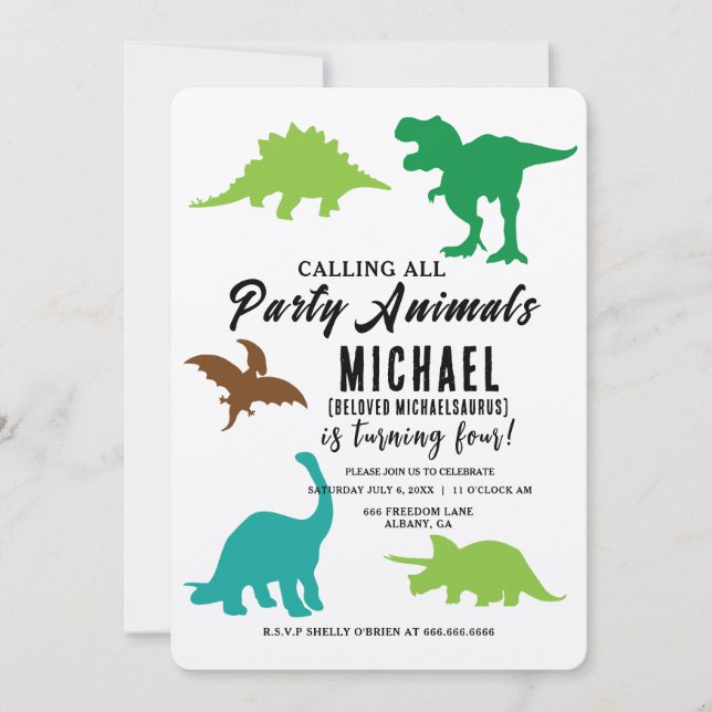 Calling All Party Animals Dinosaurs Birthday Party Invitation (Front)
